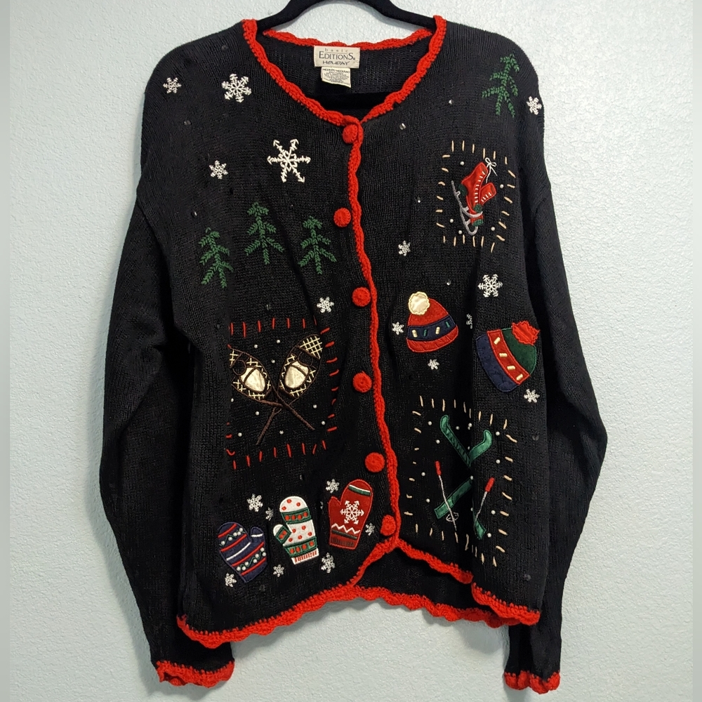 Vintage Button Up Knit Embroidered Beaded Cardigan Winter Skiing Ice Skating